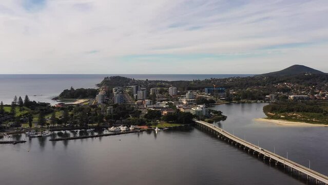 Tuncurry Forster towns on Mid North coast of Australia pacific &ndash; aerial 4k.
