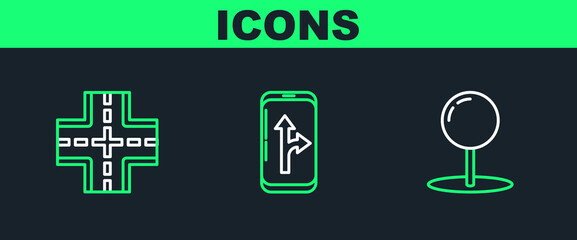 Set line Push pin, Road traffic sign and Infographic of city map navigation icon. Vector