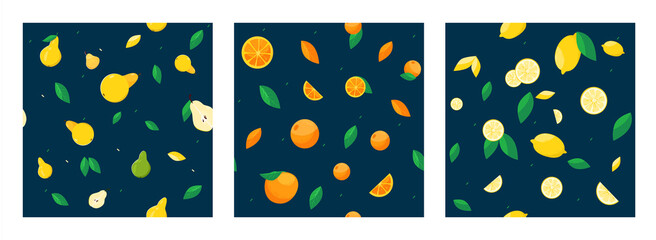 Set of seamless patterns with yellow fruits pear, lemon, orange. Suitable for fabric or wrapping paper or summer background. Vector illustration in flat cartoon style.