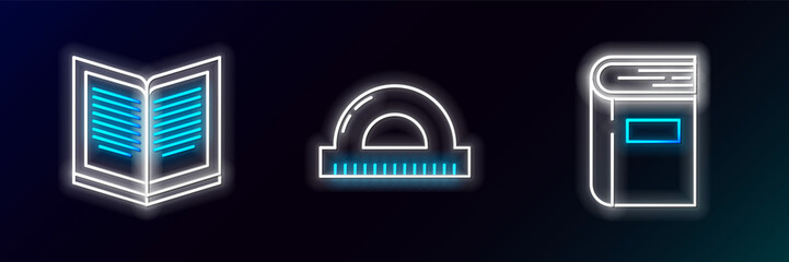 Set line Book, Open book and Protractor grid for measuring degrees icon. Glowing neon. Vector