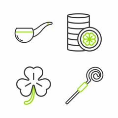 Set line Walking stick, Four leaf clover, Gold coin with four and Smoking pipe icon. Vector