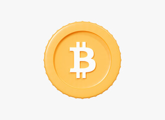 3D Bitcoin icon. BTC coin or token. Blockchain technology concept. Crypto mining and trading. Investing in cryptocurrency. Cartoon creative design icon isolated on white background. 3D Rendering
