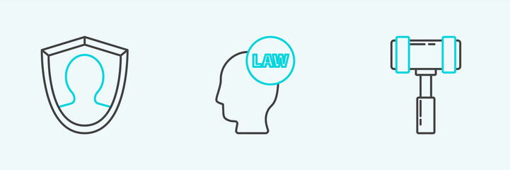 Set line Judge gavel, User protection and Head with law icon. Vector