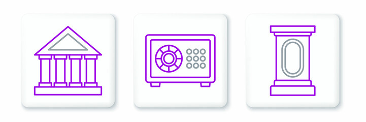 Set line Stage stand or debate podium rostrum, Courthouse building and Safe icon. Vector