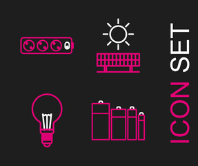 Set line Battery, Light bulb with concept of idea, Solar energy panel and sun and Electric extension cord icon. Vector