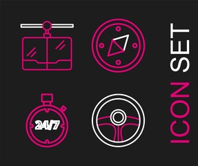 Set line Steering wheel, Stopwatch 24 hours, Compass and Cable car icon. Vector