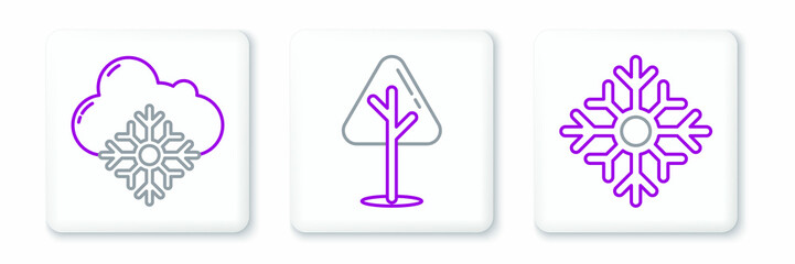 Set line Snowflake, Cloud with snow and Christmas tree icon. Vector