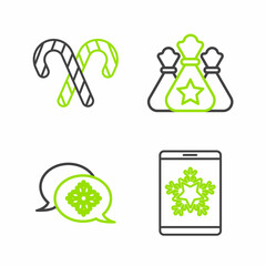 Set line Christmas on smartphone and snowflake, Snowflake with speech bubble, Santa Claus bag gift and candy cane stripes icon. Vector