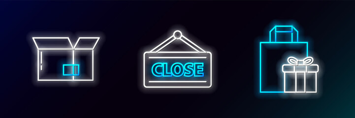 Set line Gift box, Carton cardboard and Hanging sign with Closed icon. Glowing neon. Vector