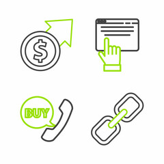 Set line Chain link, Phone and speech bubble with Buy, Online shopping screen and Financial growth coin icon. Vector