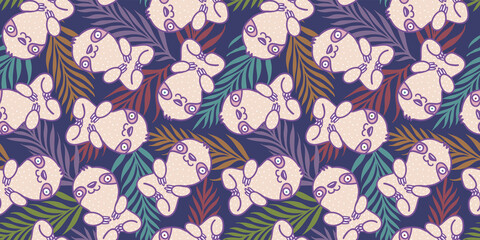 Vector tropicalseamless  pattern with cute sloth and palm leaves.