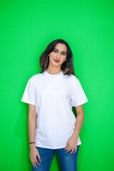 Mockup of a plain white blank shirt with a woman posing