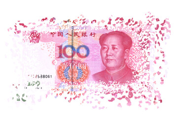 RMB bill breaking into pieces. The concept of currency devaluation and economic crisis. 
