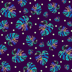 Seamless exotic Monstera leaf with polka dots pattern illustration/ wallpaper/ background in fun color palette