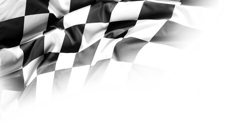 Checkered black and white racing flag on white background. Copy space