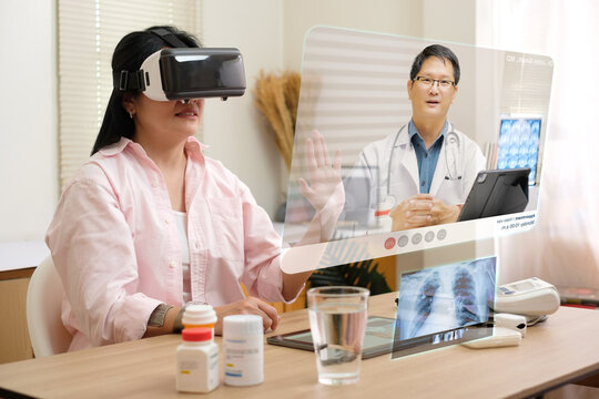 Asian Woman Telemedicine Doctor Online Visit With Virtual Reality Technology Vr Glasses At Home