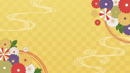 菊の花と金色の市松模様の背景