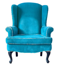 Isolated blue armchair with white edging. Vintage light blue velvet chair on white background....