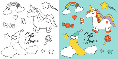 cute unicorn graphic clipart for coloring with star and sweets for decoration