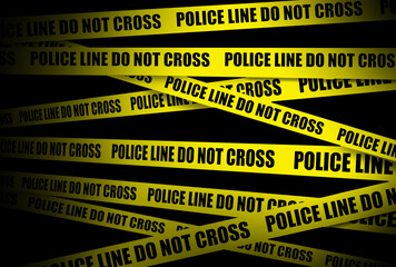 Fototapeta premium Yellow crime scene tape is seen. Police line do not cross is the text on the tape in this 3-d illustration.