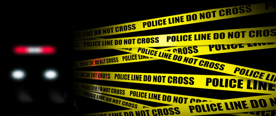 Fototapeta premium Yellow crime scene tape is seen with police lights and patrol car at night. Police line do not cross is the text on the tape in this 3-d illustration.