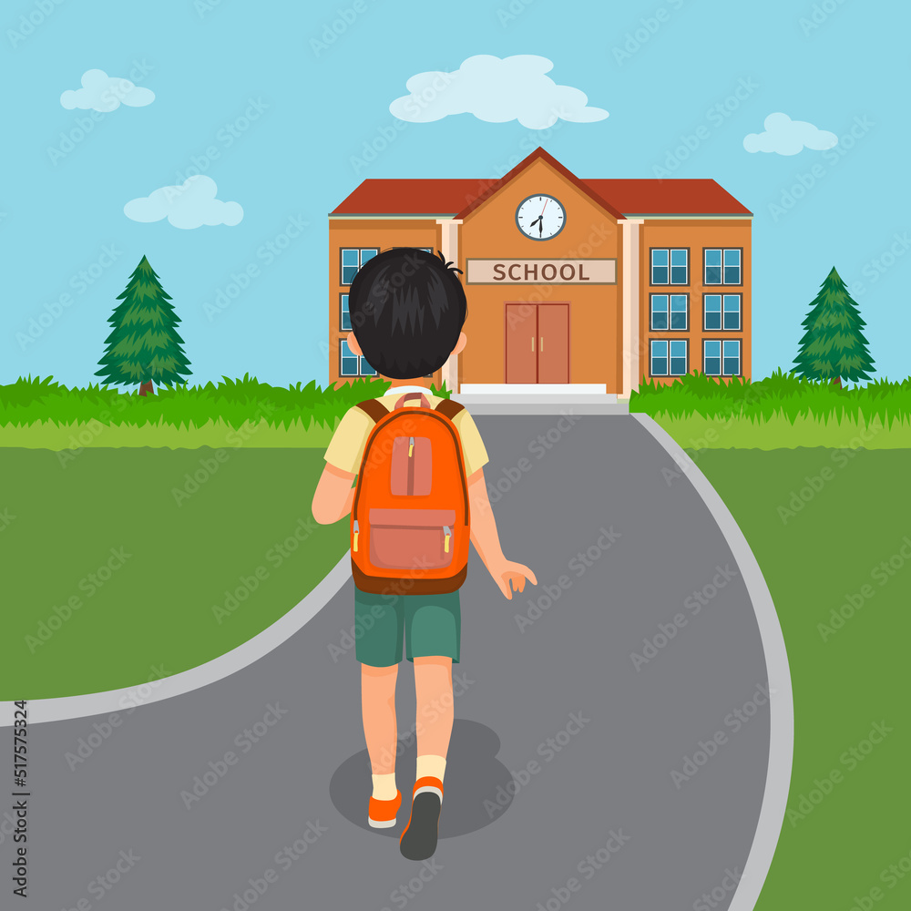 Canvas Prints back view of cute little boy student with backpack walking going to school