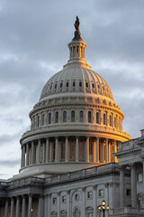 Fototapeta na wymiar Closeup of the United States Capitol dome in Washington, DC, during sunset.