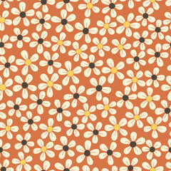 Fototapeta premium Colorful Orange and Yellow Small Scale Hand-Drawn Floral Vector Seamless Pattern. Retro 70s Style Nostalgic Fashion Textile Bold Background. Summer Resort Print. Daisies. Flower Power