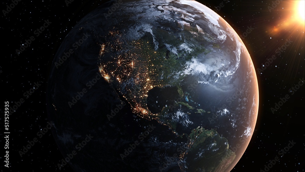 Wall mural planet earth with realistic geography surface and orbital 3d cloud atmosphere . outer space view of 