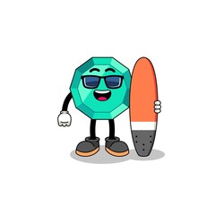 Mascot cartoon of emerald gemstone as a surfer