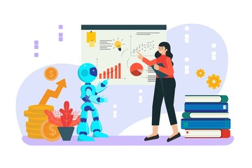 The idea of presenting artificial intelligence opinions. future innovation To better plan, strategy, development, marketing, investment, finance to be successful. Flat illustration.