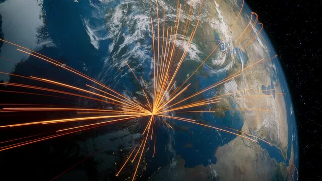 Earth in Space. Orange Lines connect Zurich, Switzerland with Cities across the World. International Travel or Business Concept.