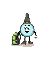 Illustration of magnifying glass mascot as a hiker