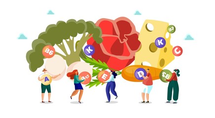 Flat illustration. Food concept that provides different kinds of vitamins. Most of them come from plants, tomatoes, broccoli, pineapples, vegetables. It's a party of healthy people.