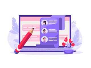 Flat illustration. Work application concept. Resume business, employment in the form of an internet platform make document delivery faster.