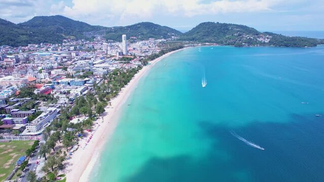 Phuket Patong beach top down view from drone camera, Beautiful patong beach Phuket Thailand Amazing sea beach sand tourist travel destination in the andaman sea Beautiful phuket island