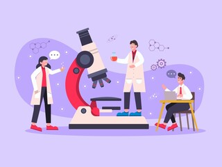 Flat illustration. Scientist concept, research, analysis, microbiology, biotechnology, chemist, equipment such as liquids, glassware, beakers.