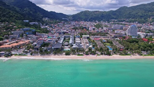 Phuket Patong beach top down view from drone camera, Beautiful patong beach Phuket Thailand Amazing sea beach sand tourist travel destination in the andaman sea Beautiful phuket island