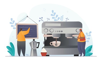 Barista at work. Man and woman prepare hot drinks, person with coffee machine. Service staff in cafe or restaurant. Small business owners or workers with tea. Cartoon flat vector illustration