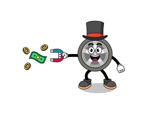Character Illustration of car wheel catching money with a magnet