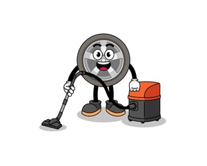 Character mascot of car wheel holding vacuum cleaner