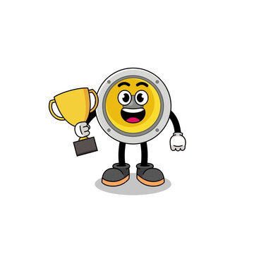 Cartoon mascot of speaker holding a trophy