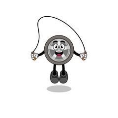 car wheel mascot cartoon is playing skipping rope