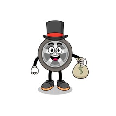 car wheel mascot illustration rich man holding a money sack