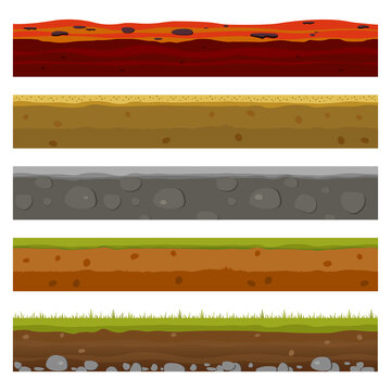 Soil, earth and underground layers, cartoon seamless game levels. Vector cross section view of natural earth texture with mud, pebbles, green grass and water.