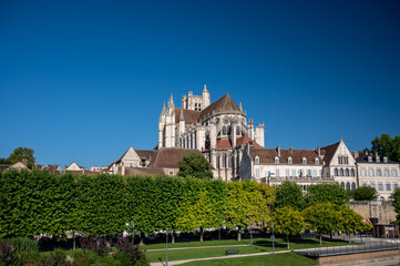 Obraz premium Old streets and houses of Auxerre, medieval city on river Yonne, north of Burgundy, France