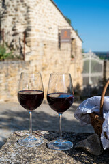 Glass of red dry wine and ruins of medieval castle of Châteauneuf-du-Pape ancient wine making village in France