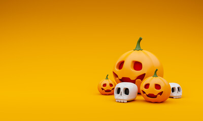 Halloween pumpkin and skull on yellow background , 3D illustration.