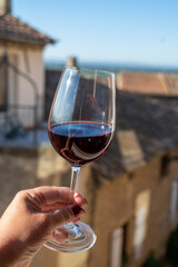 Wine tour with tasting of red dry wine and view on roofs of medieval houses in Châteauneuf-du-Pape ancient wine making village in France
