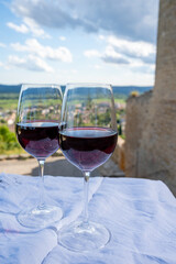 Glass of red dry wine and ruins of medieval castle of Châteauneuf-du-Pape ancient wine making village in France